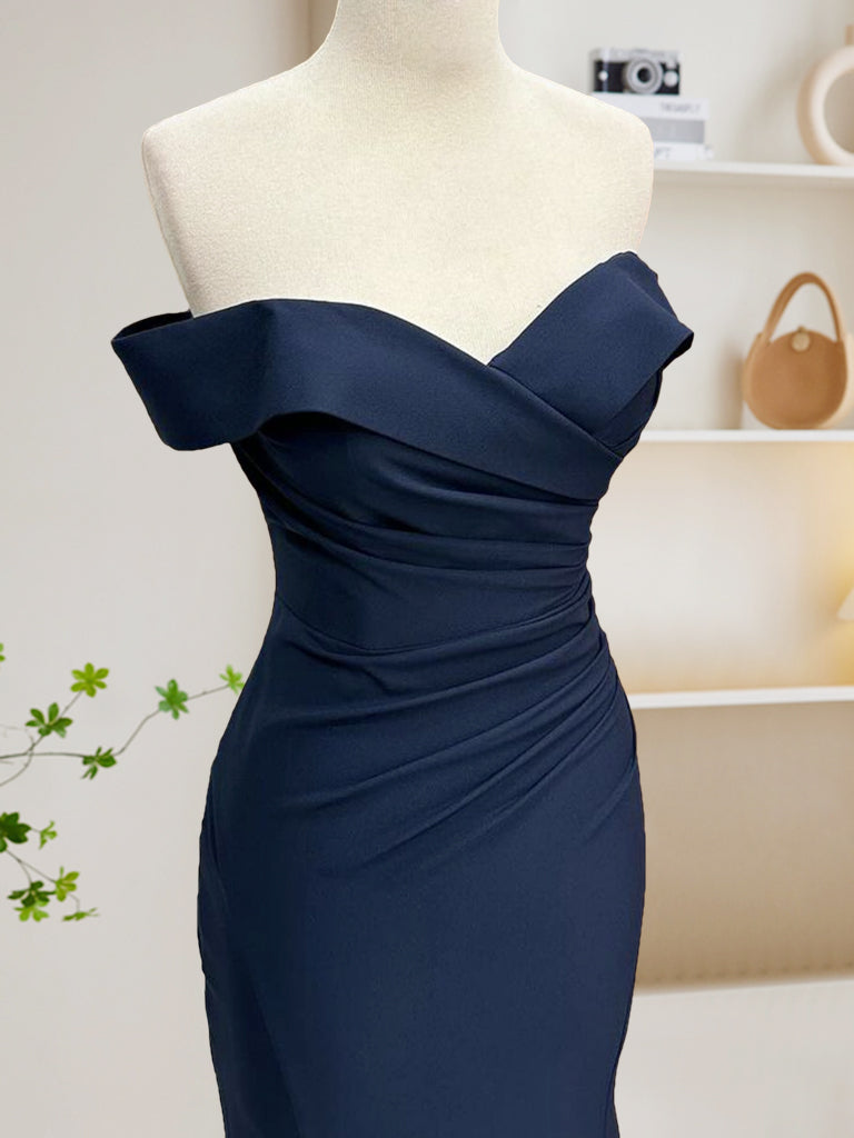 Mermaid Satin Dark Blue Long Prom Dress Formal Gown