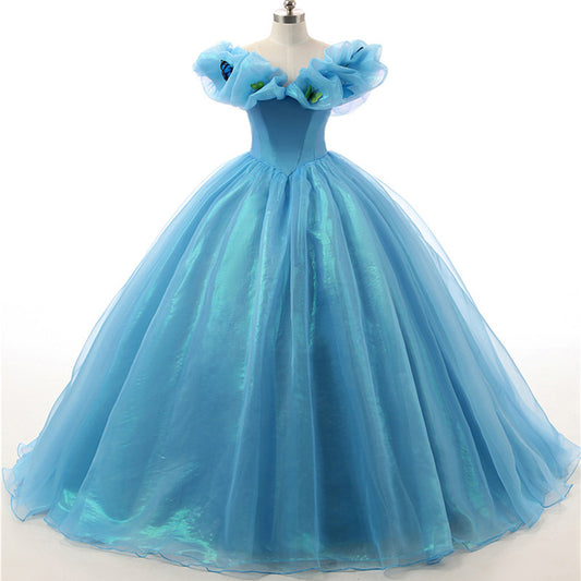 Blue Off The Shoulder Cinderella Princess Formal Prom Dress - DollyGown