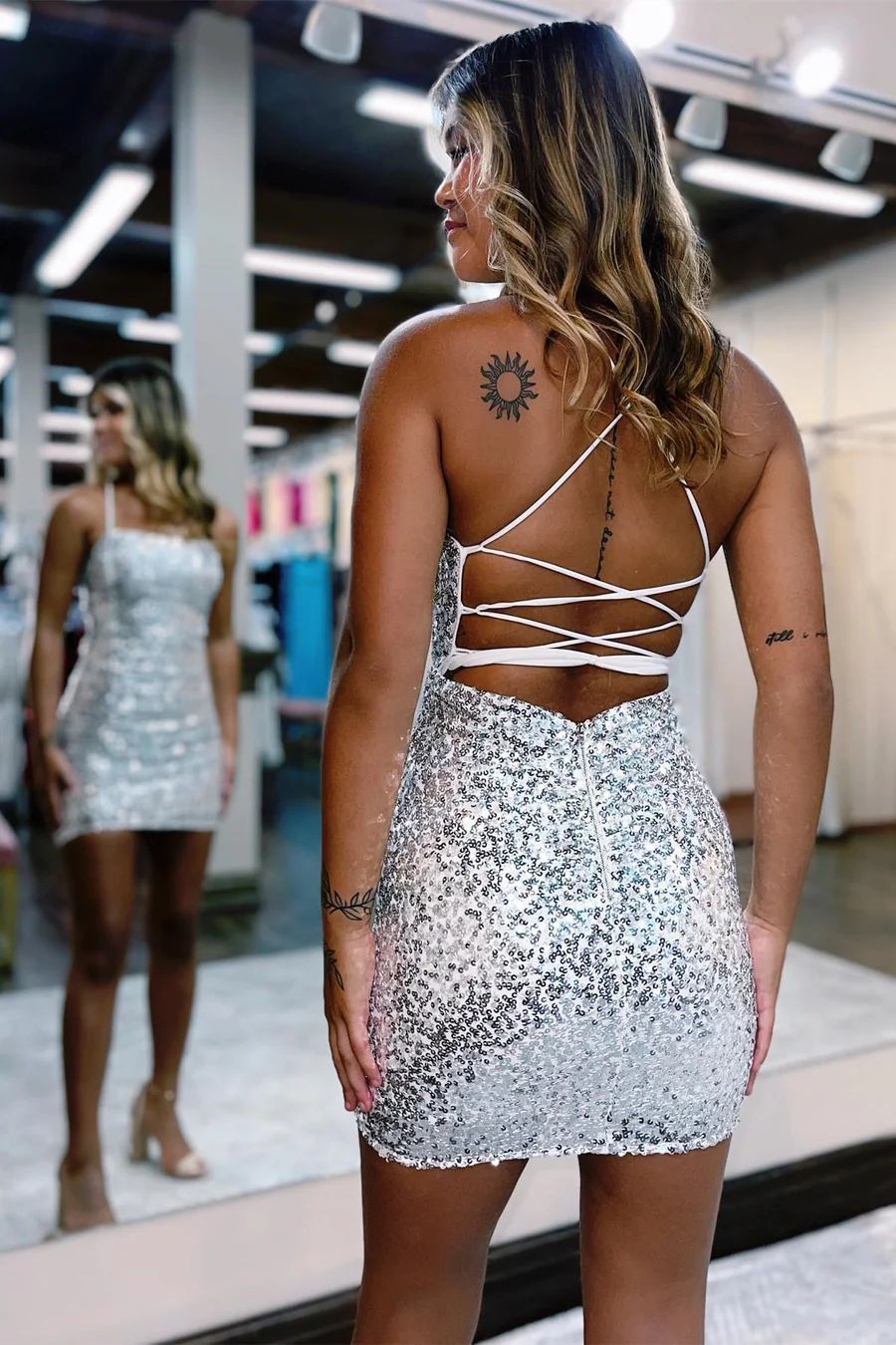 Tight Fit Ties Back Silver Sequins Homecoming Dress - DollyGown