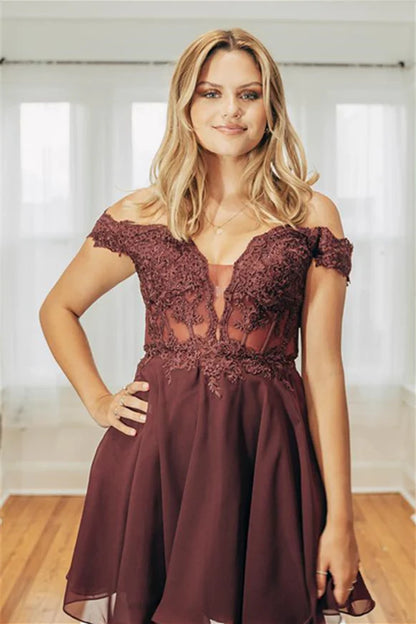 Brown Off Shoulders Lace Top Homecoming Dress - DollyGown