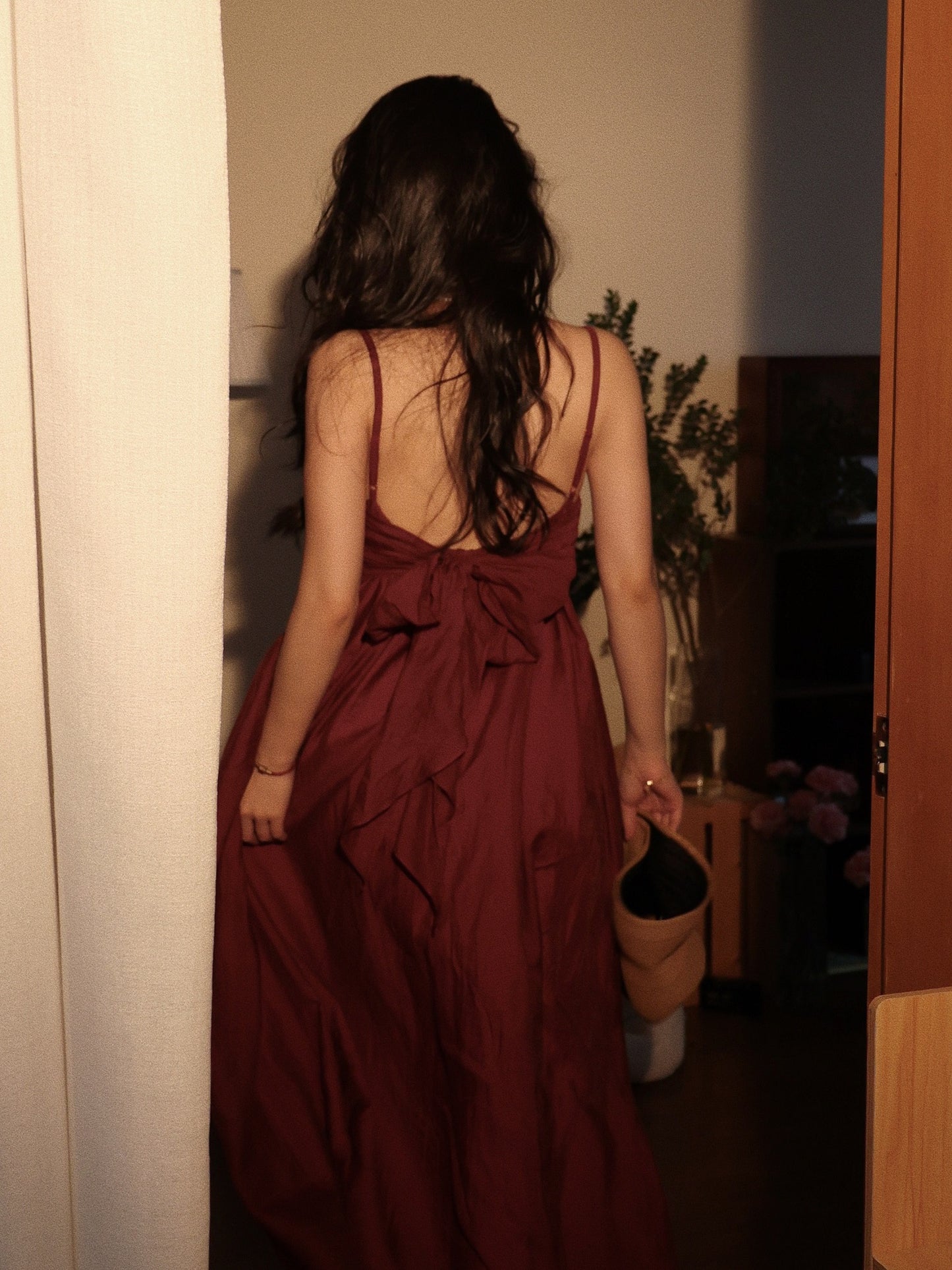 Burgundy Casual Tie Back Summer Maxi Dress - DollyGown
