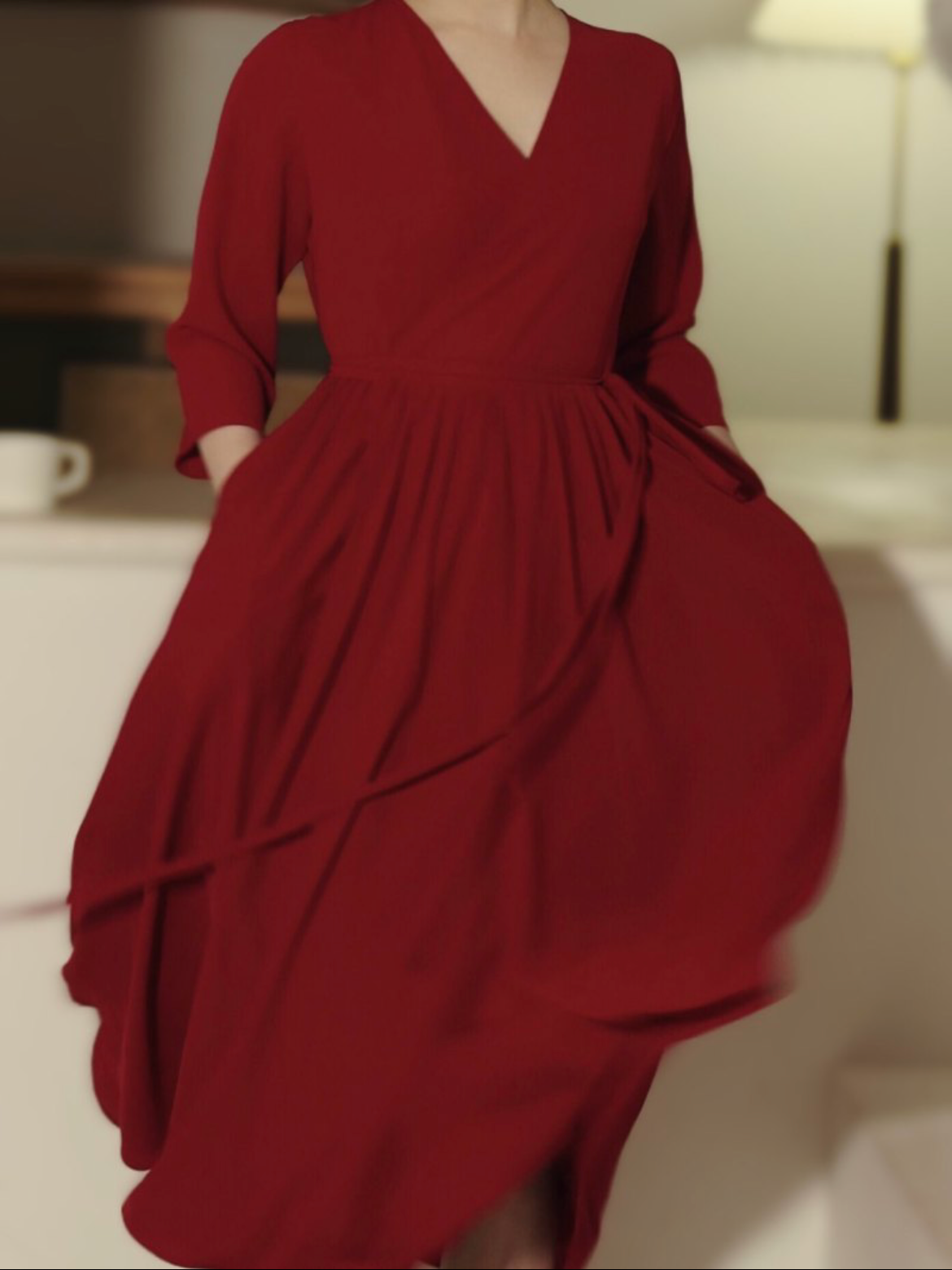 Burgundy Modest 50s Vintage V neck Summer Dress with Sleeves - DollyGown
