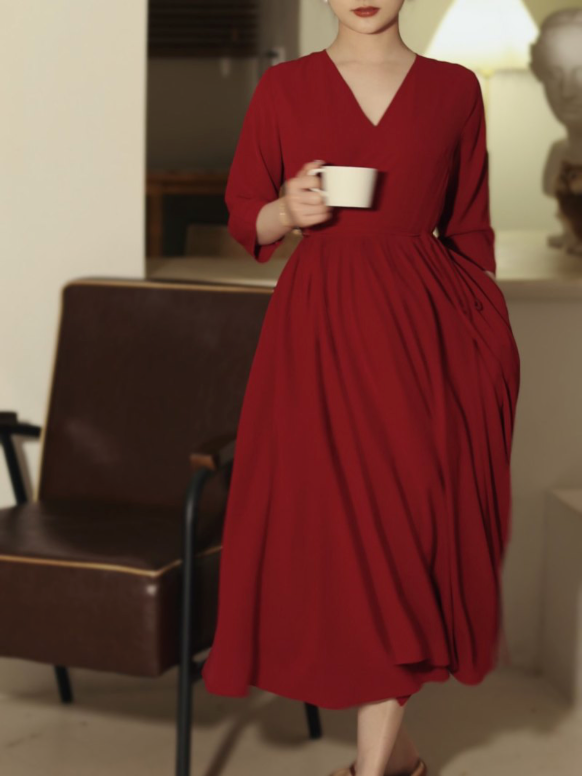 Burgundy Modest 50s Vintage V neck Summer Dress with Sleeves - DollyGown
