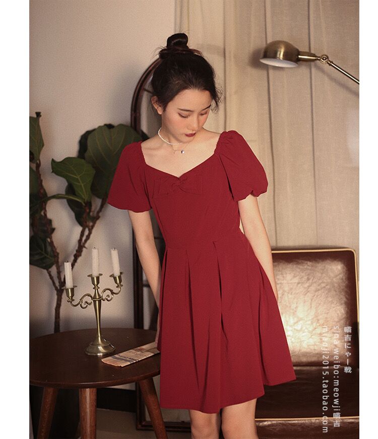 Burgundy Short Summer Mini Dress with Bubble Sleeves - DollyGown