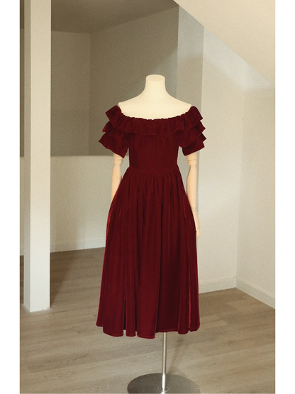 Burgundy Velvet Round Neck Vintage Dress - DollyGown
