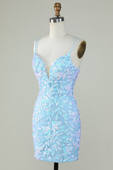 Light Blue Sparkly Lace Up Back Short Homecoming Party Dress