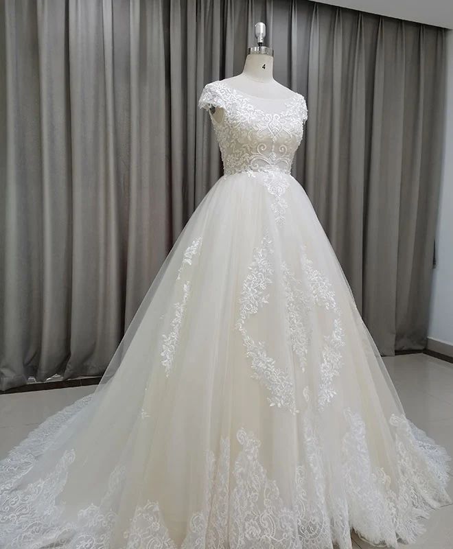 Cap Sleeves Ball Gown Lace Princess Wedding Dress - DollyGown
