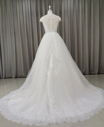Cap Sleeves Ball Gown Lace Princess Wedding Dress - DollyGown