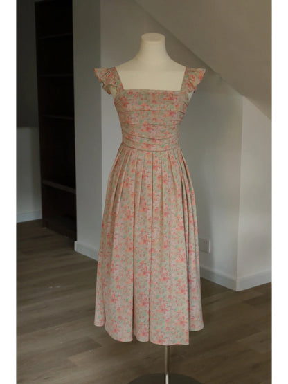 Cap Sleeves Floral Box Pleats 50s Style Swing Dress - DollyGown