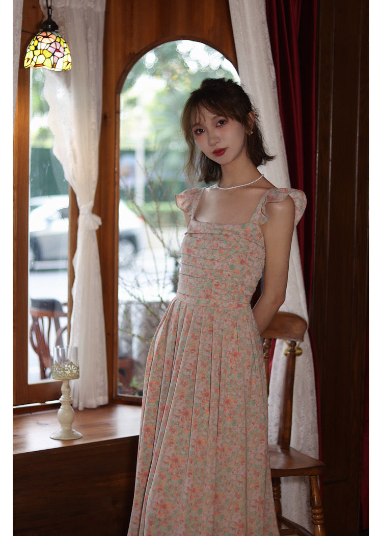 Cap Sleeves Floral Box Pleats 50s Style Swing Dress - DollyGown