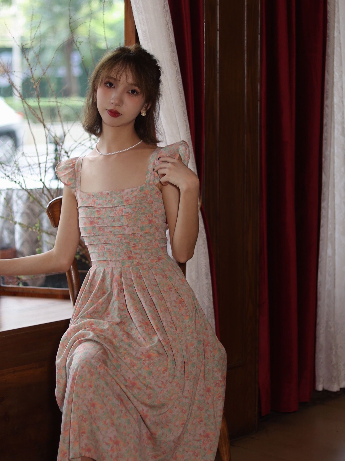 Cap Sleeves Floral Box Pleats 50s Style Swing Dress - DollyGown