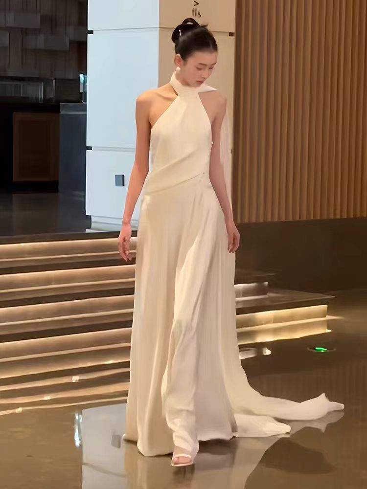 Casual Halter Neck Low Back Silk Slip Wedding Dress with Draping