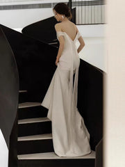 Casual Off the Shoulder Silk Dress For Wedding with Court Train and Draping