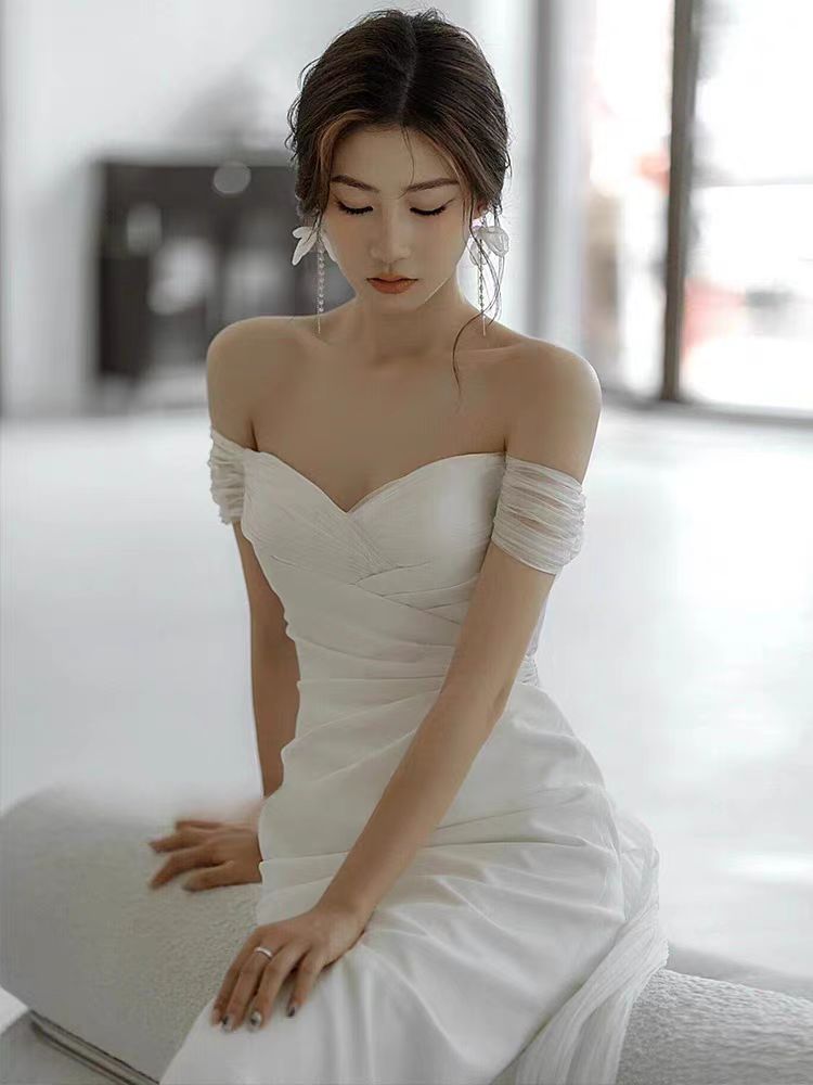Casual Off the Shoulder Silk Dress For Wedding with Court Train and Draping Casual Off the Shoulder Silk Dress For Wedding with Court Train and Draping