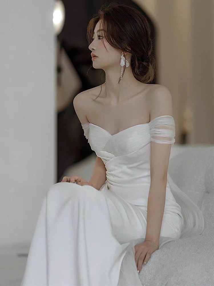 Casual Off the Shoulder Silk Dress For Wedding with Court Train and Draping