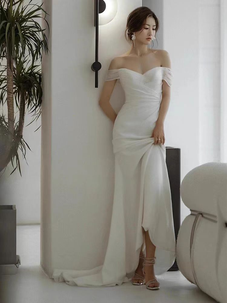 Casual Off the Shoulder Silk Dress For Wedding with Court Train and Draping