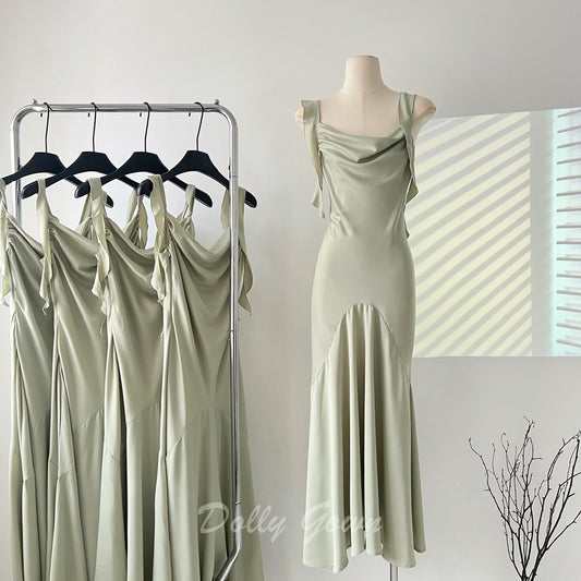 Casual Sage Green Cowl Neck Maxi Slip Dress Bridesmaid Dresses - DollyGown