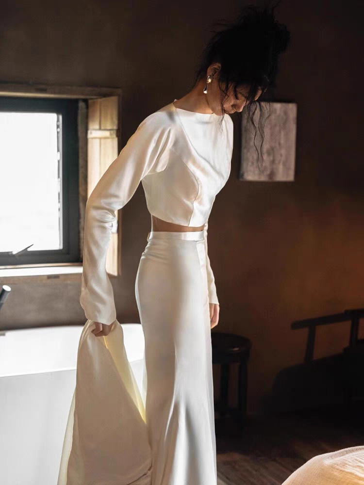 Casual Silk Two Piece Wedding Dress with Long Sleeves and Side Slit