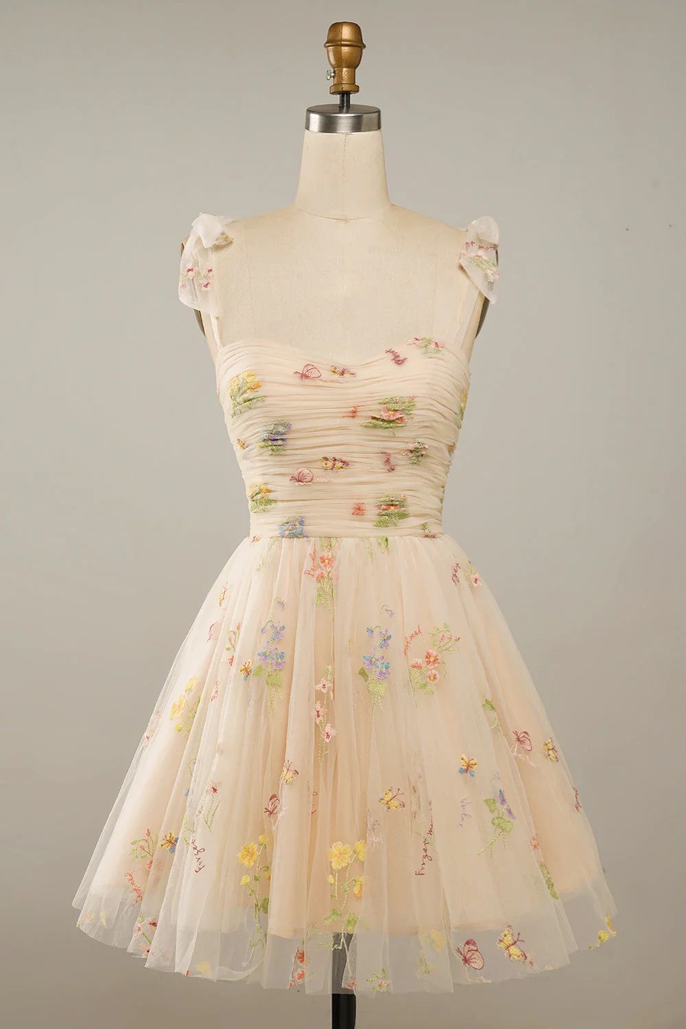 Champagne Floral Embroidery Homecoming Dress - DollyGown