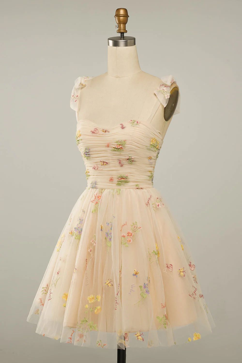 Champagne Floral Embroidered Homecoming Dress