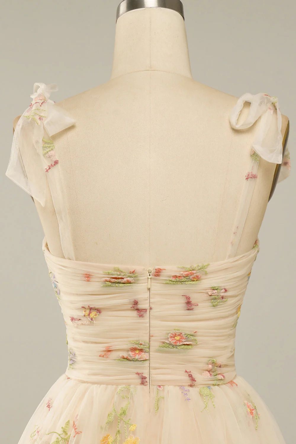 Champagne Floral Embroidered Homecoming Dress