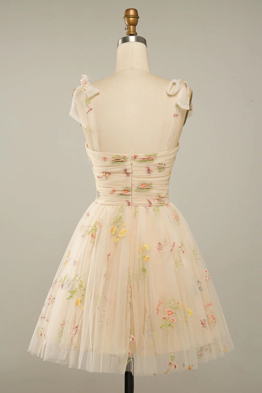 Champagne Floral Embroidered Homecoming Dress