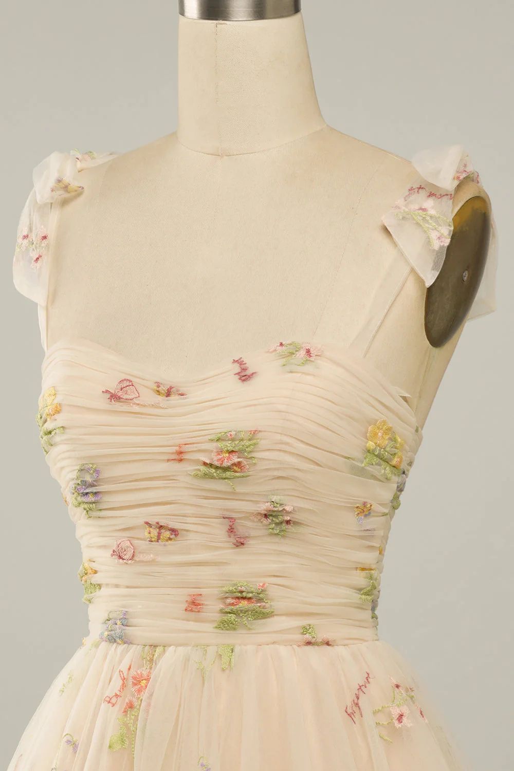 Champagne Floral Embroidered Homecoming Dress