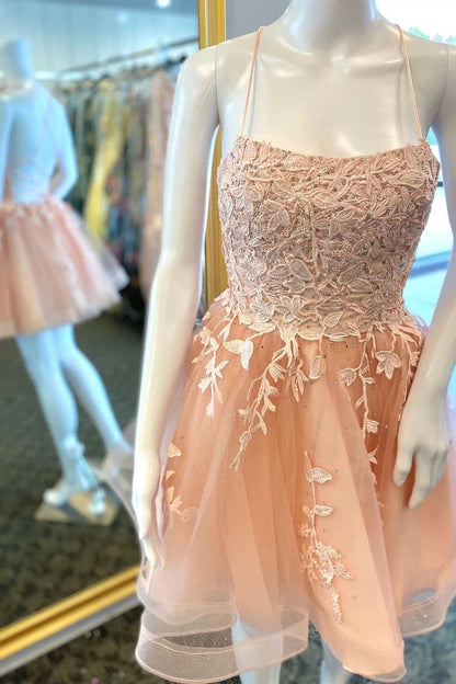Champagne Lace Appliques Teen Homecoming Dress - DollyGown