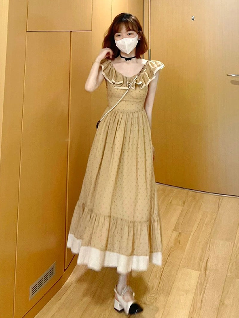 champagne swing dress MIUSOL Sequin Lace Ruffle Trim Champagne Chiffon Flowing Cocktail Party Swing Dress, Pleated Hem For Wedding Guest, Birthday, Homecoming