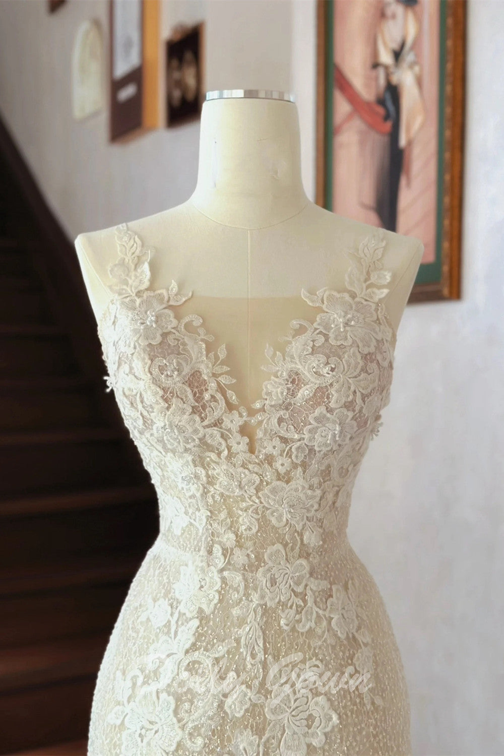 Charming Lace Appliques See Through Slight Mermaid Wedding Dress - DollyGown