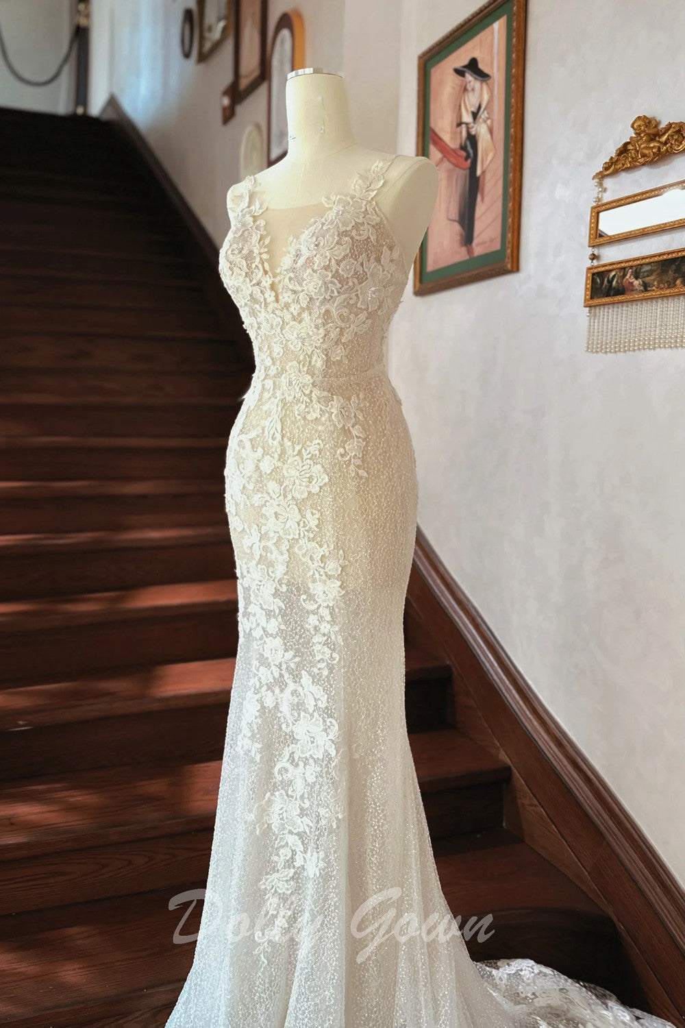 Charming Lace Appliques See Through Slight Mermaid Wedding Dress - DollyGown