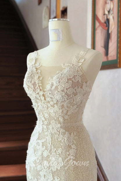 Charming Lace Appliques See Through Slight Mermaid Wedding Dress - DollyGown