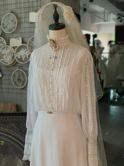 Chiffon Modest Vintage Wedding Dress with Long Sleeves - DollyGown