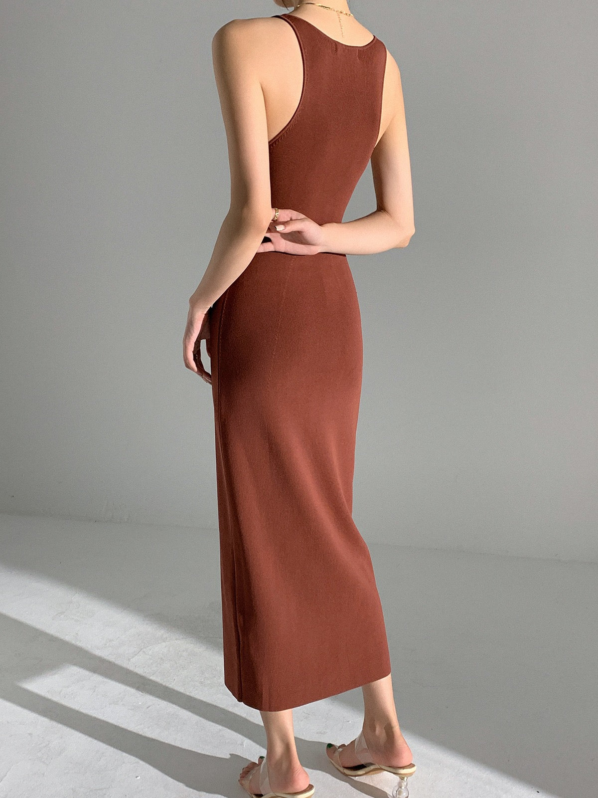 Chocolate Sleeveless Midi Bodycon Knit Dress Chocolate Sleeveless Midi Bodycon Knit Dress