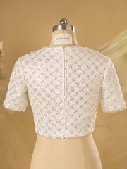 Cierra Modest Plaid Beaded Bridal Top with Short Sleeves- DollyGown