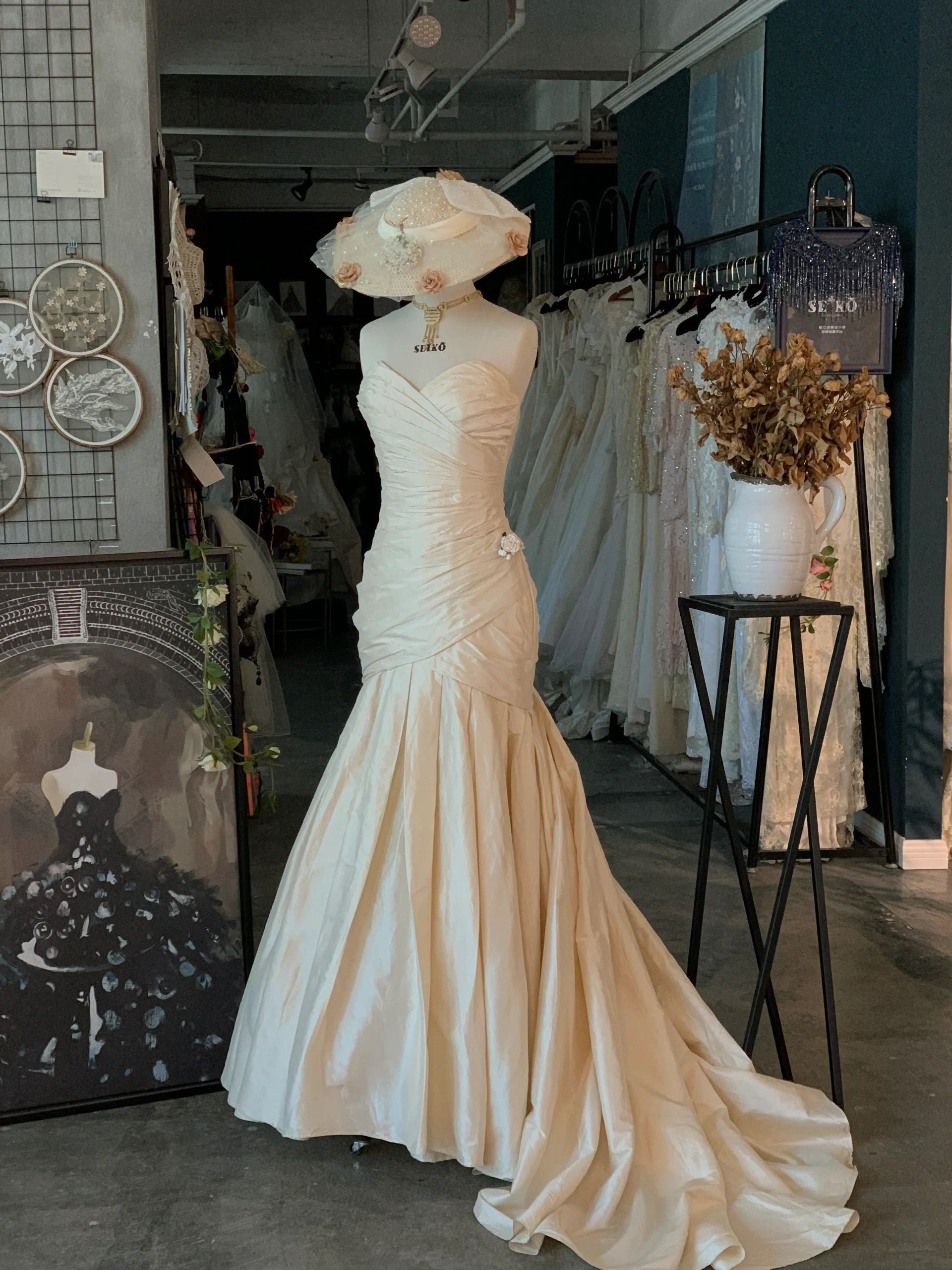 Classic Asymmetric Pleats Mermaid Silk Wedding Dress - DollyGown