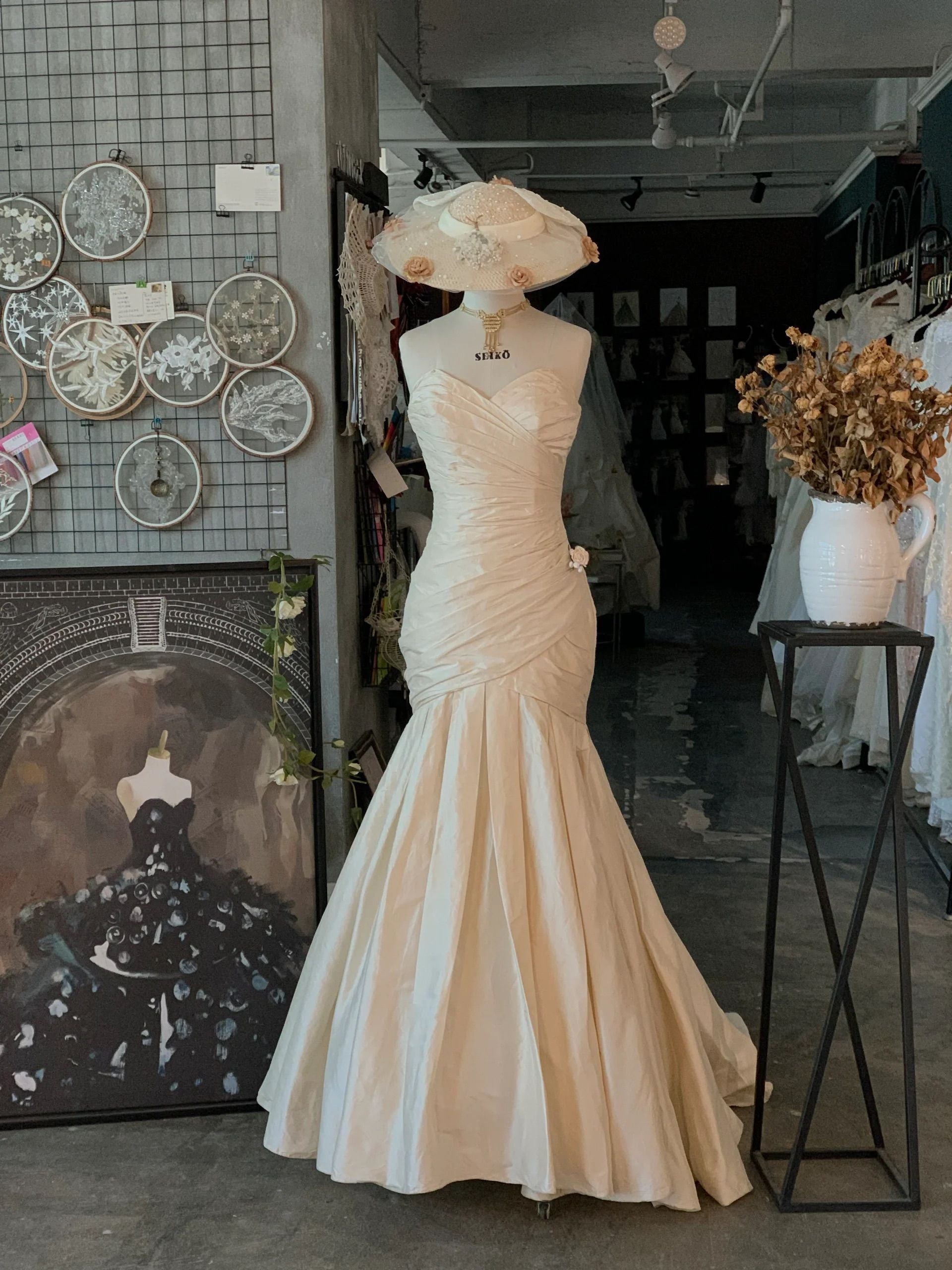 Classic Asymmetric Pleats Mermaid Silk Wedding Dress - DollyGown