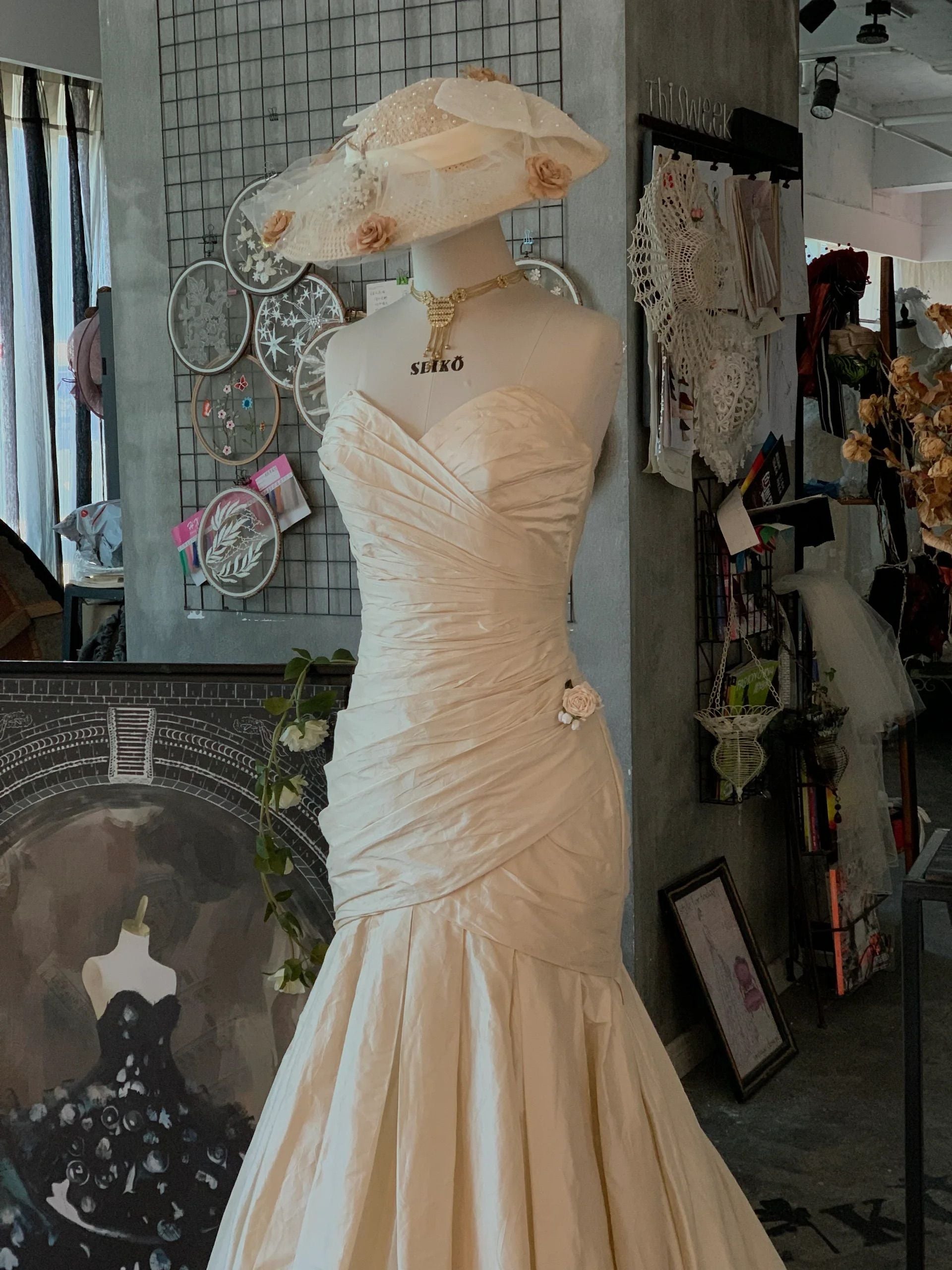 Classic Asymmetric Pleats Mermaid Silk Wedding Dress - DollyGown