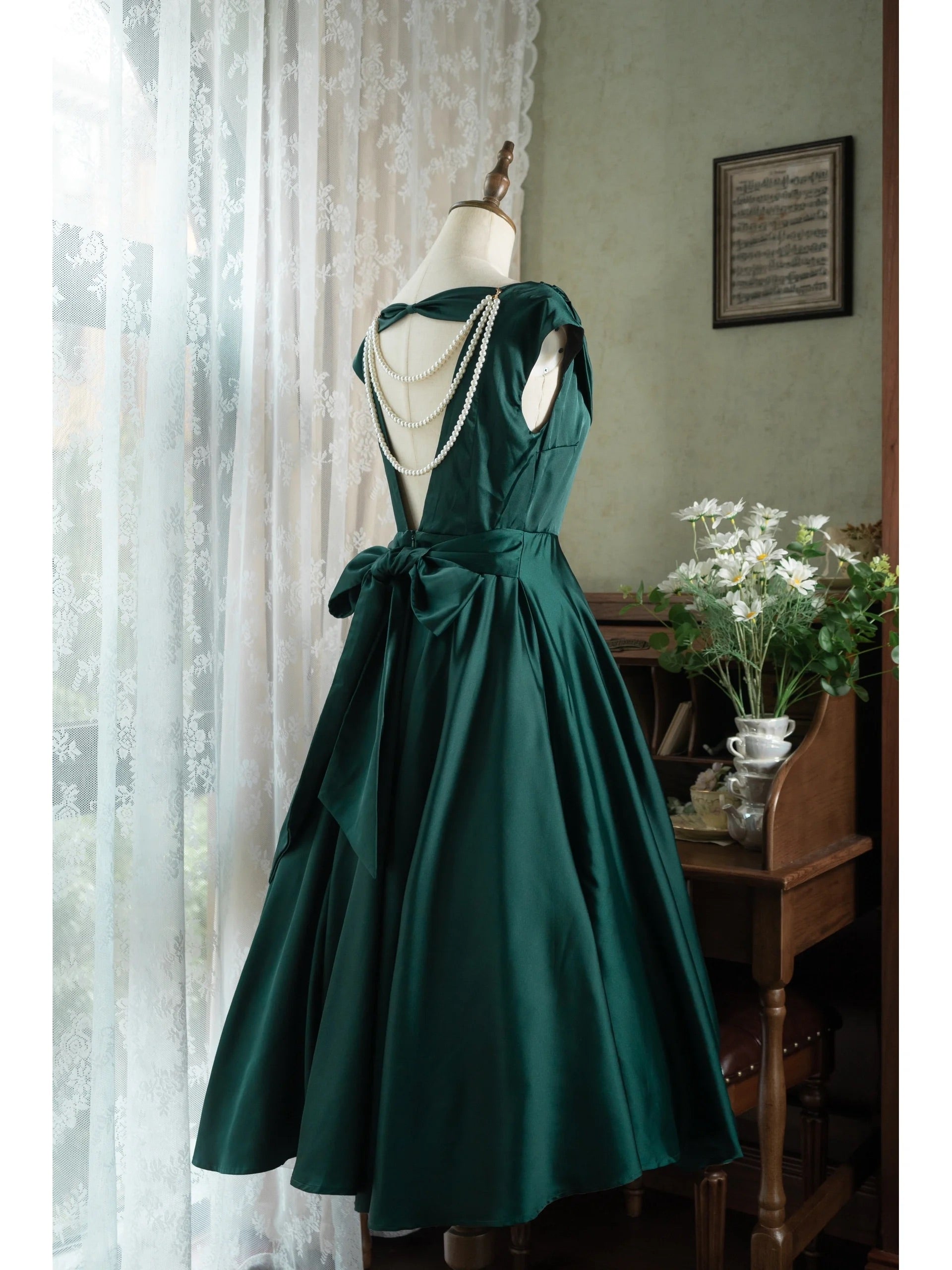 Cow Neck 50s Open Back Vintage Emerald Green Dress - DollyGown