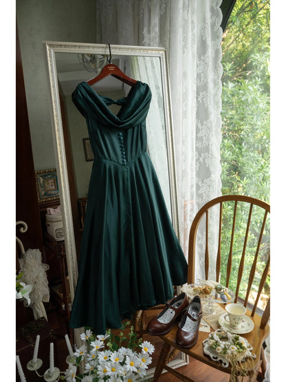 Cow Neck 50s Open Back Vintage Emerald Green Dress - DollyGown