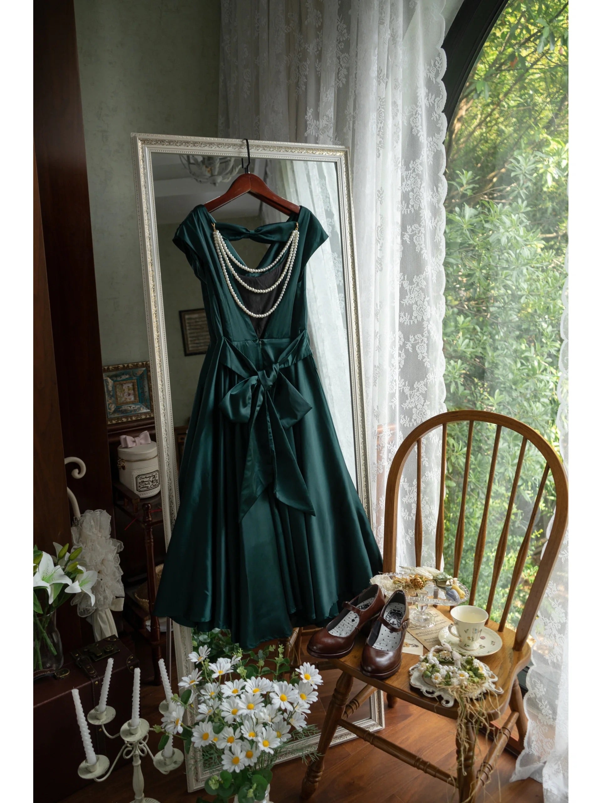 Cow Neck 50s Open Back Vintage Emerald Green Dress - DollyGown
