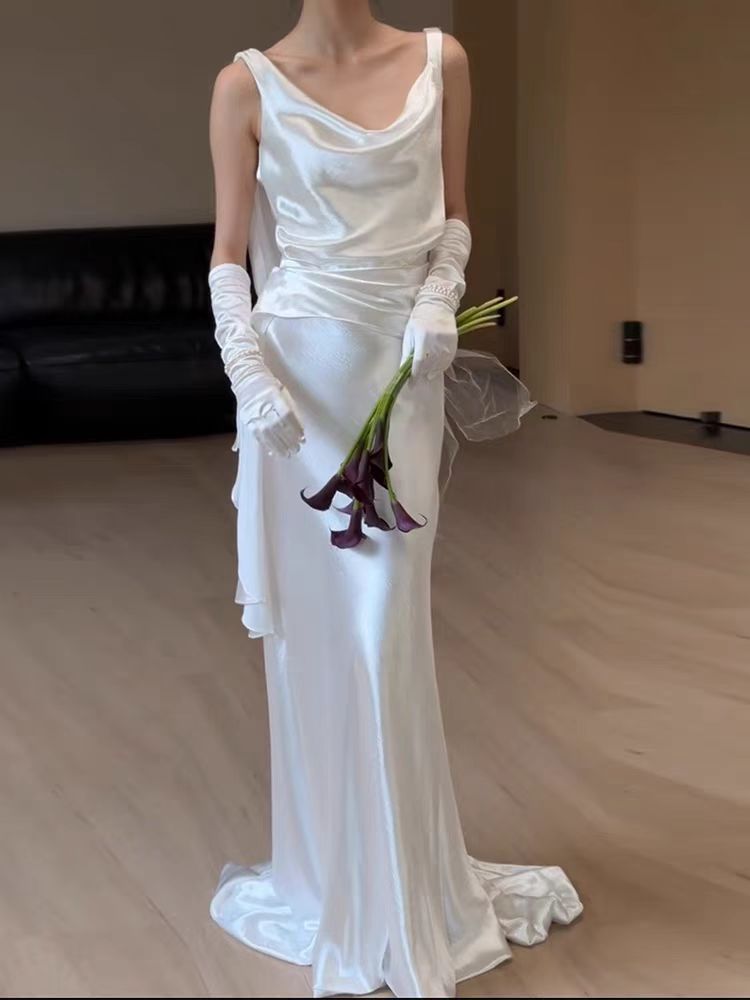 silk column wedding dress Opulent Silk Column Wedding Gown featuring Removable Off-the-Shoulder Long Sleeves