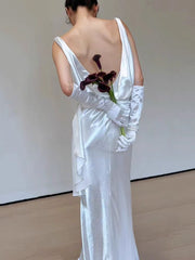 Cowl Neck Column Silk Backless Wedding Dress - DollyGown