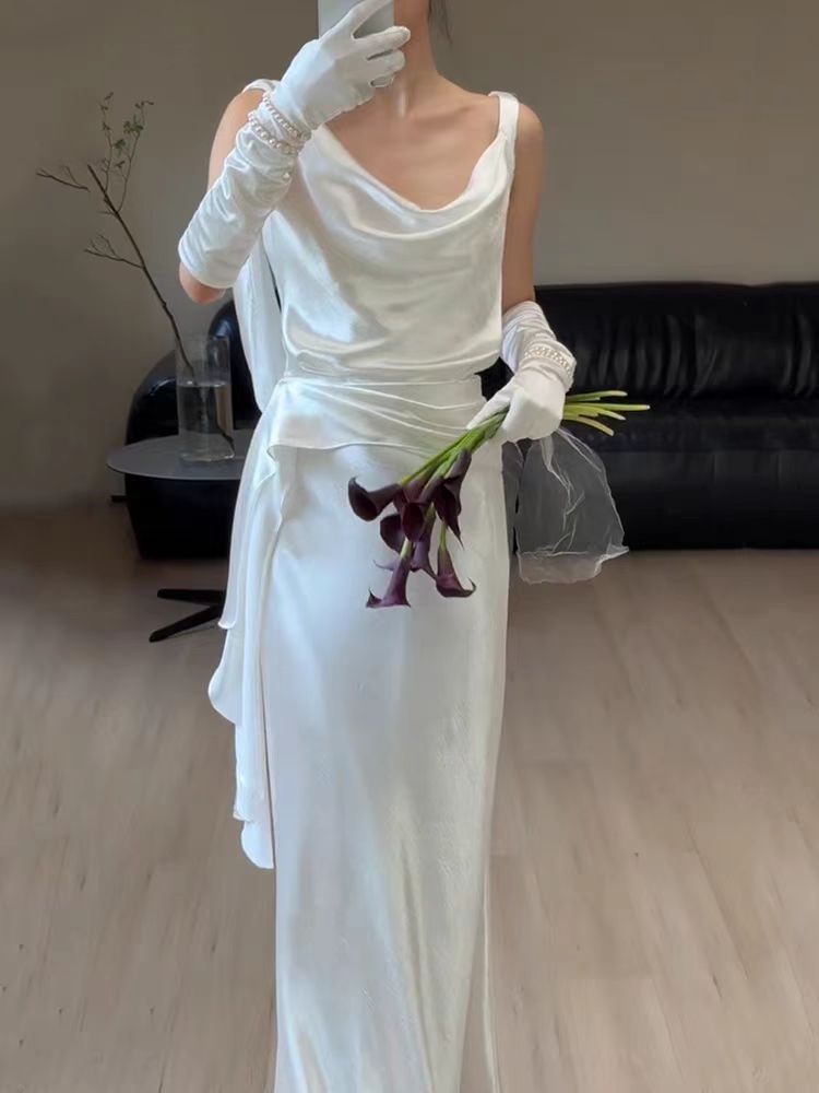 Cowl Neck Column Silk Backless Wedding Dress - DollyGown