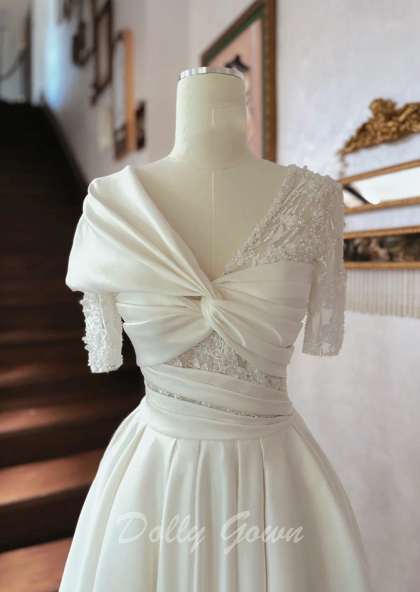Crisscross Front Aline Short Sleeve Satin Wedding Dress - DollyGown