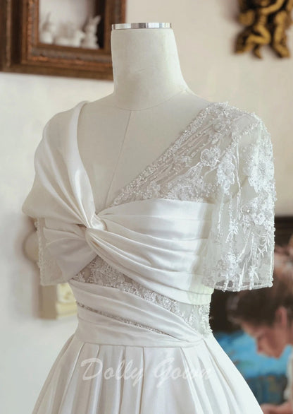 Crisscross Front Aline Short Sleeve Satin Wedding Dress - DollyGown