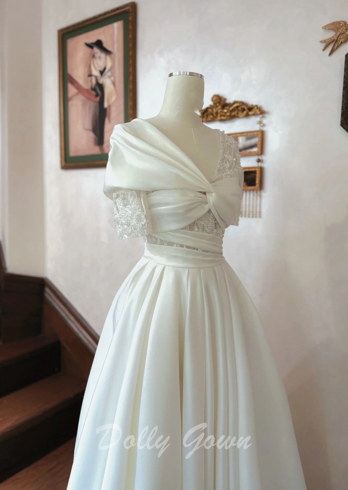 Crisscross Front Aline Short Sleeve Satin Wedding Dress - DollyGown