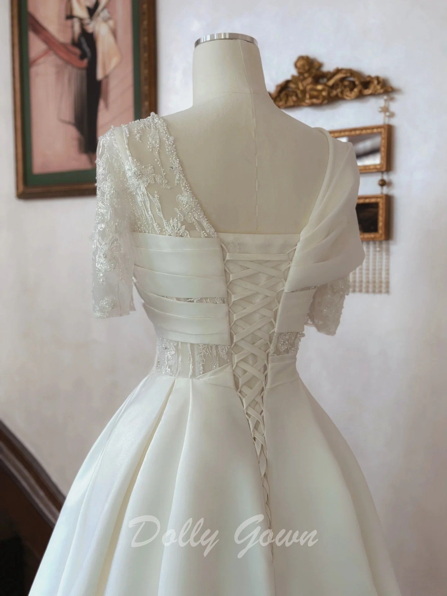 Crisscross Front Aline Short Sleeve Satin Wedding Dress - DollyGown