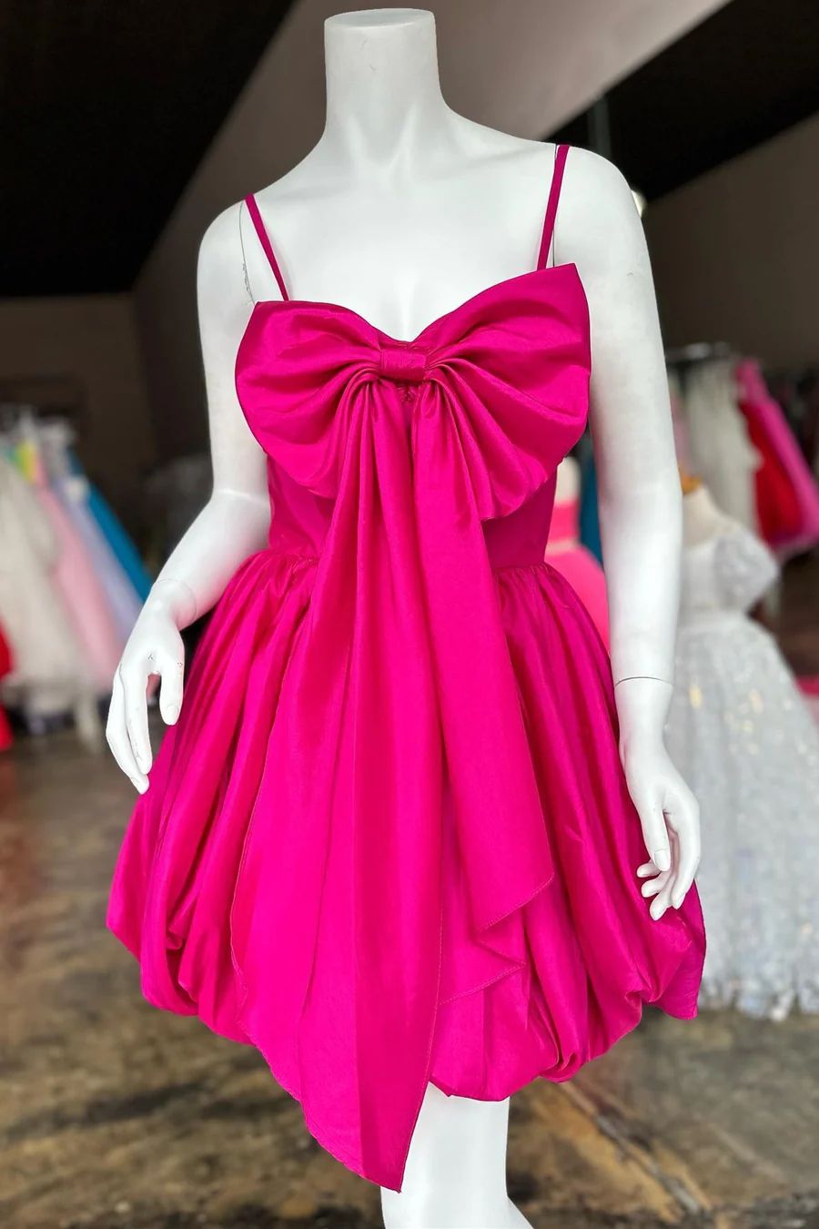 Cute Hot Pink Bow Front Short Homecoming Dress - DollyGown