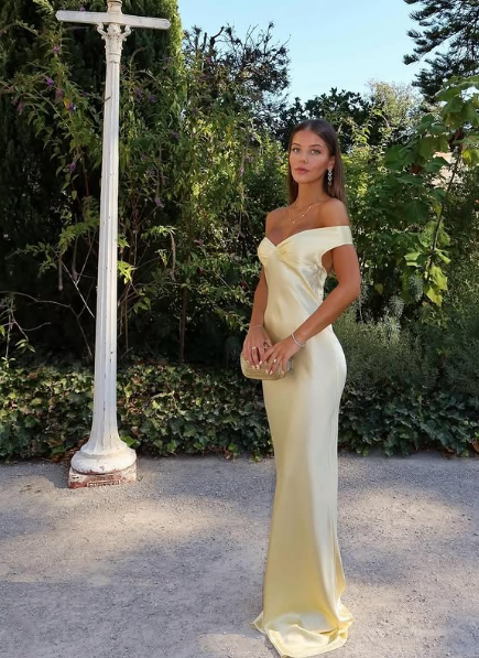 Elegant Mermaid Off-Shoulder Yellow Satin Long Evening Gown Prom Dress SD2063